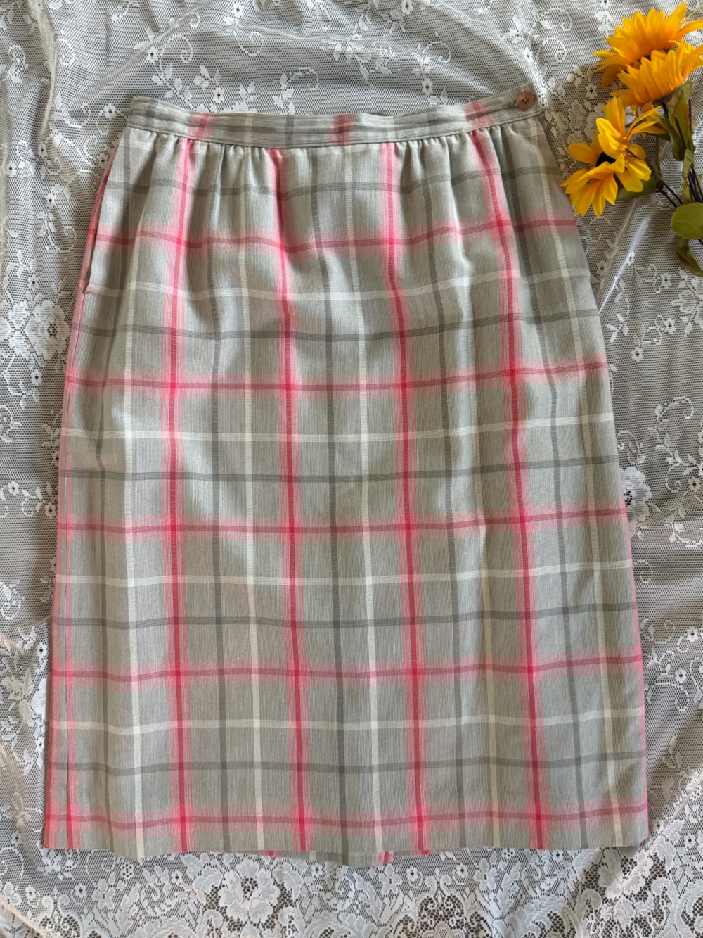 Pendleton Taupe Plaid Pencil Skirt with Pink Accents